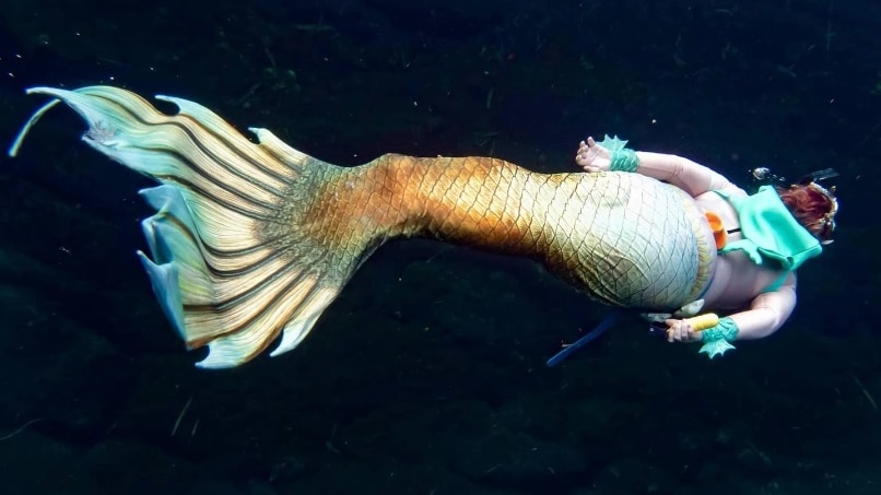 A woman in mermaid costume underwater.