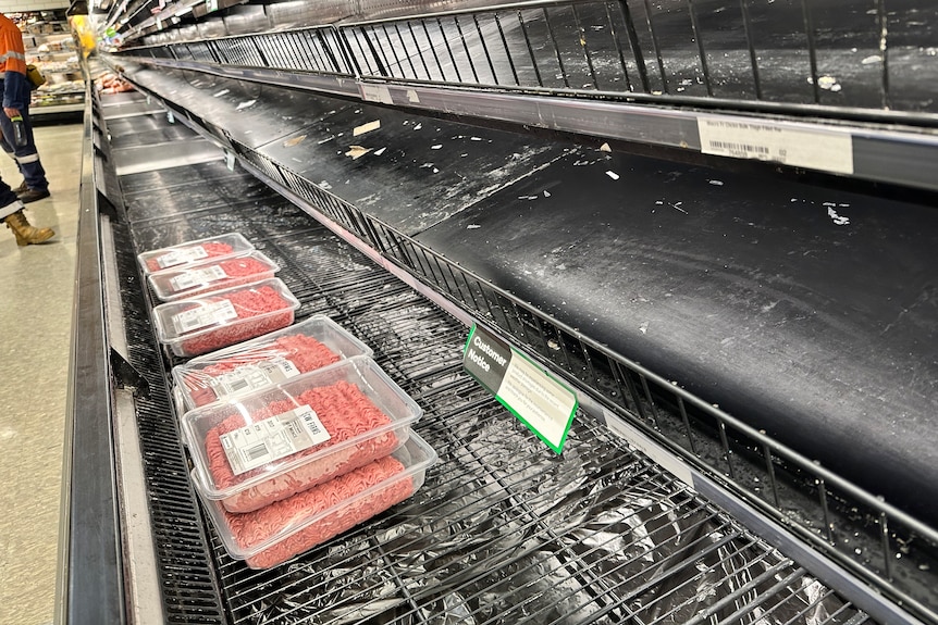 A few packets of mince on an otherwise empty shelf.