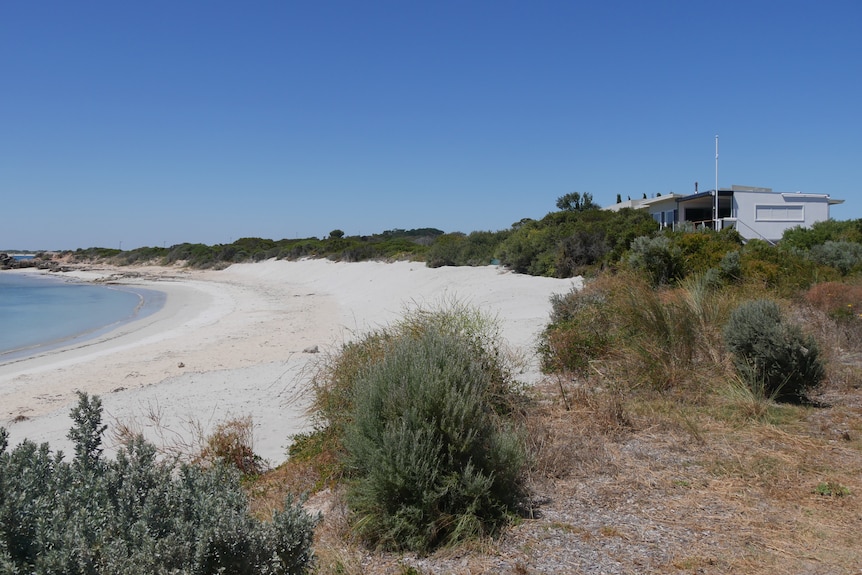 A beach with water to the left of the shot, a sand dune in the centre, and houses atop the dune