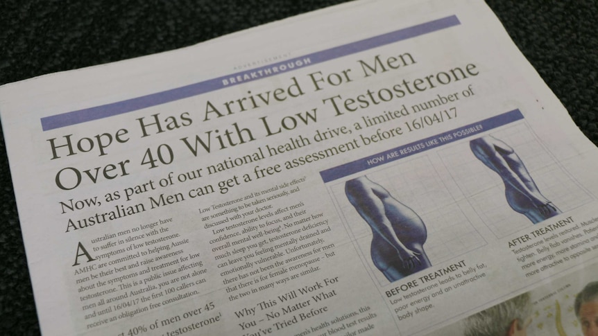 A newspaper advertisement by AMHC is headlined "Hope Has Arrived For Men Over 40 With Low Testorerone".