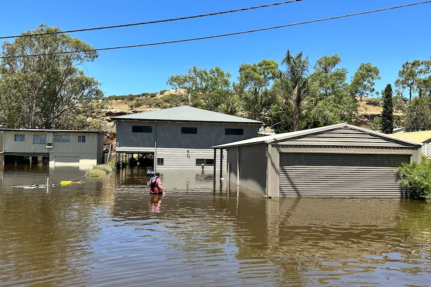 A shed and two houses under water about waist height with a man wading through it.