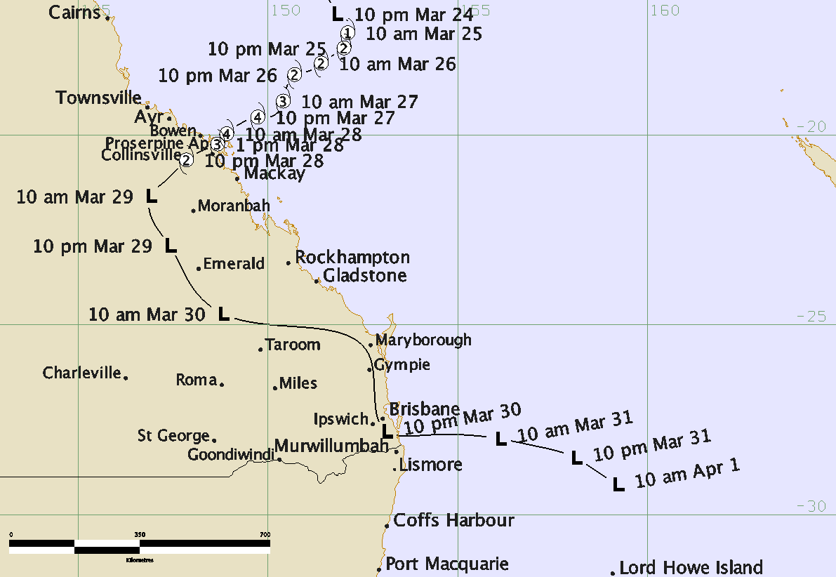 A map showing the track and intensity of Cyclone Debbie