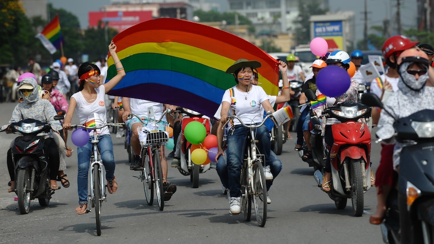 Cyclists decorated with balloons and rainbow flags take part in Vietnam's first ever gay pride parade.