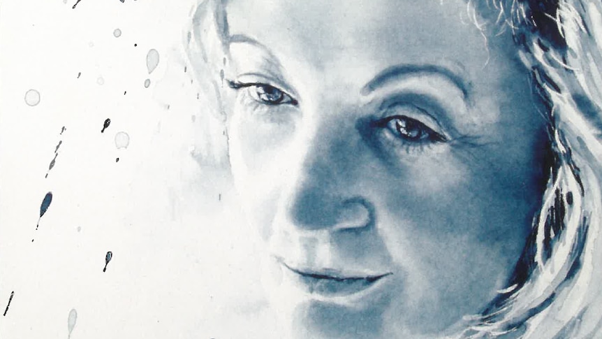 A blue watercolour painting of Sandie White