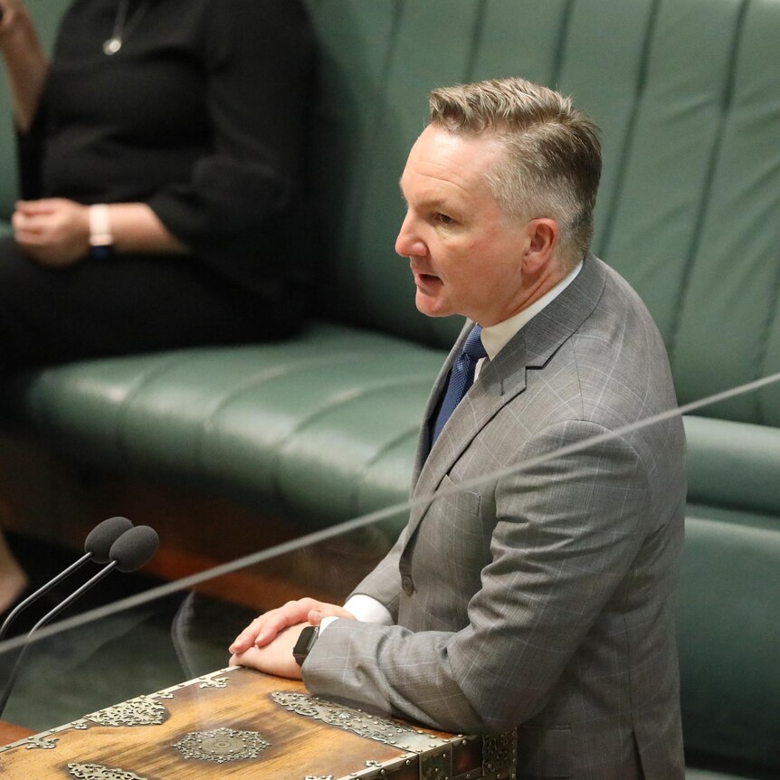 Bowen stands with his arms leaning on the despatch box on the lower house floor as he speaks.