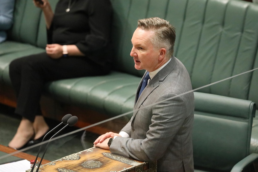 Bowen stands with his arms leaning on the despatch box on the lower house floor as he speaks.