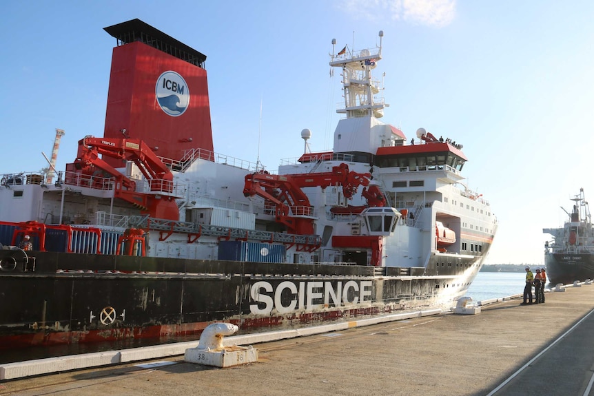 The RV Sonne, a large black, red, white and yellow German deep sea research vessel, sits docked in Fremantle.