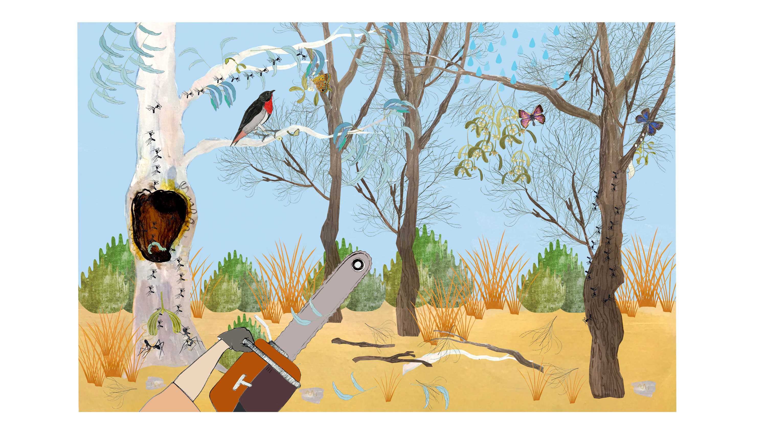 An illustration of trees with birds, ants, butterflies and raindrops, and a hand holding a chainsaw in the foreground.