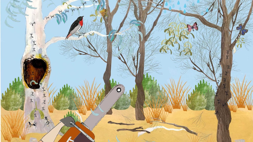 An illustration of trees with birds, ants, butterflies and raindrops, and a hand holding a chainsaw in the foreground.