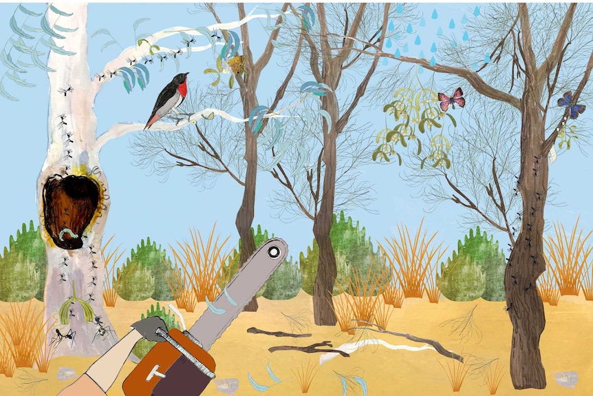 An illustration of trees with birds, ants, butterflies and raindrops, and a hand holding a chainsaw in the foreground.