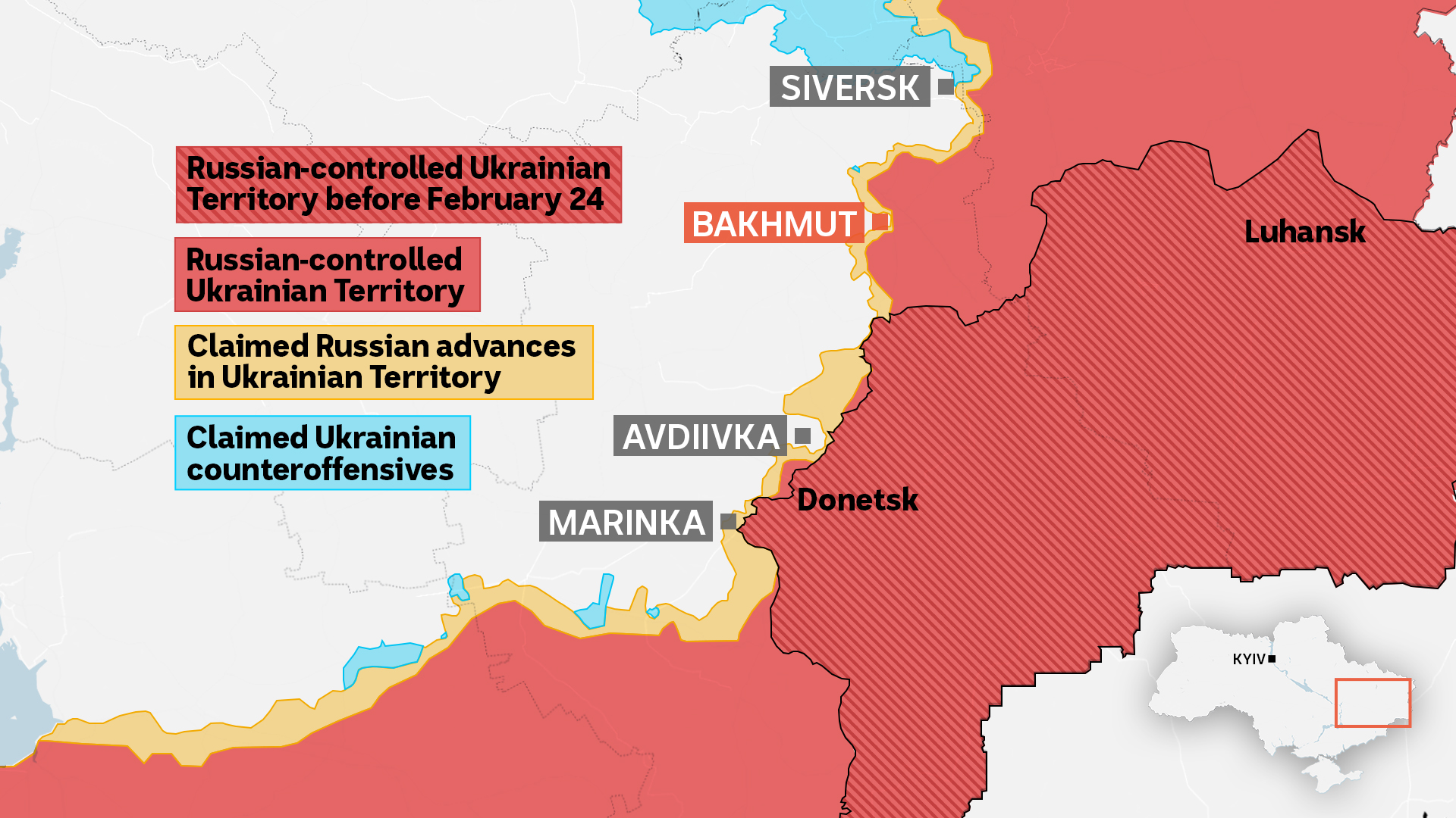 A map showing the locations of significant recent fighting in the Donbas. 