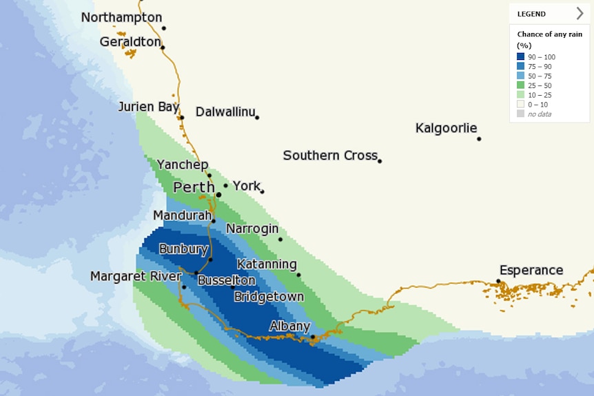 A weather map of South West WA showing blue and green bands of rain.