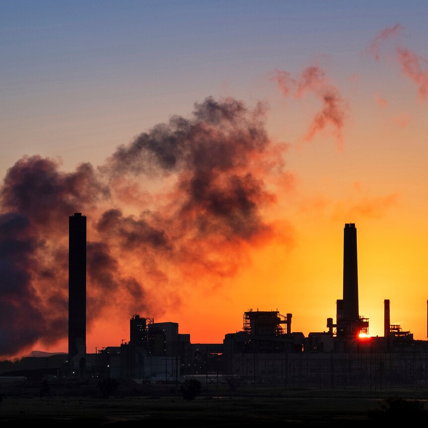 Smoke rising from a coal-fired power plant is silhouetted against the morning sun.