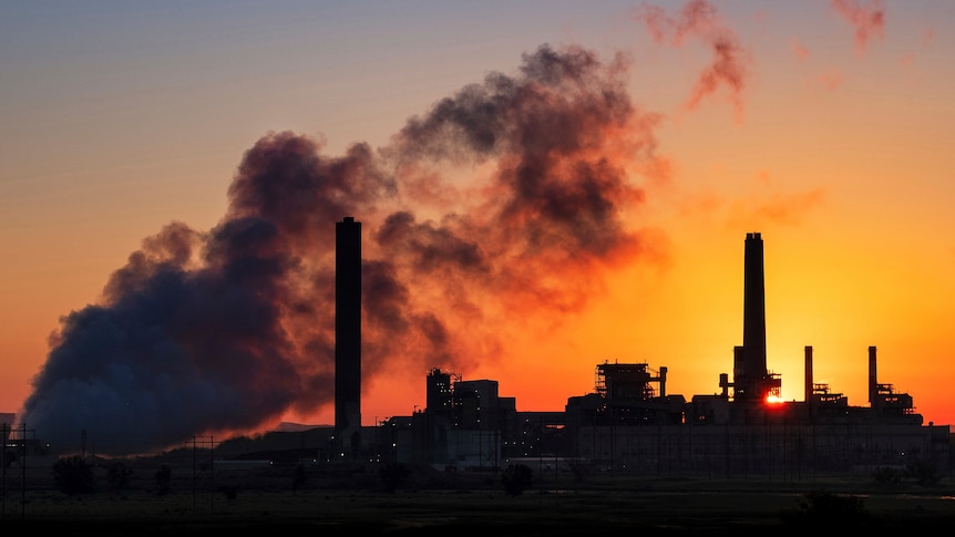Smoke rising from a coal-fired power plant is silhouetted against the morning sun.