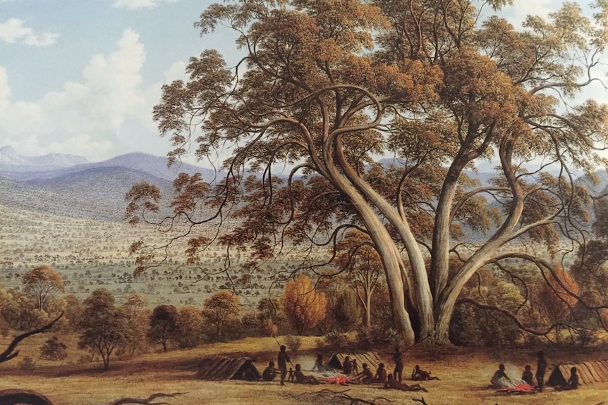 A painting by John Glover depicting Aboriginal inhabitants of northern Tasmania under a large tree with hills in the background.