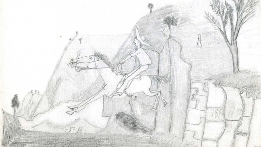 Hand-sketched drawing of a leaping hose and rider with dramatic hills in the background.