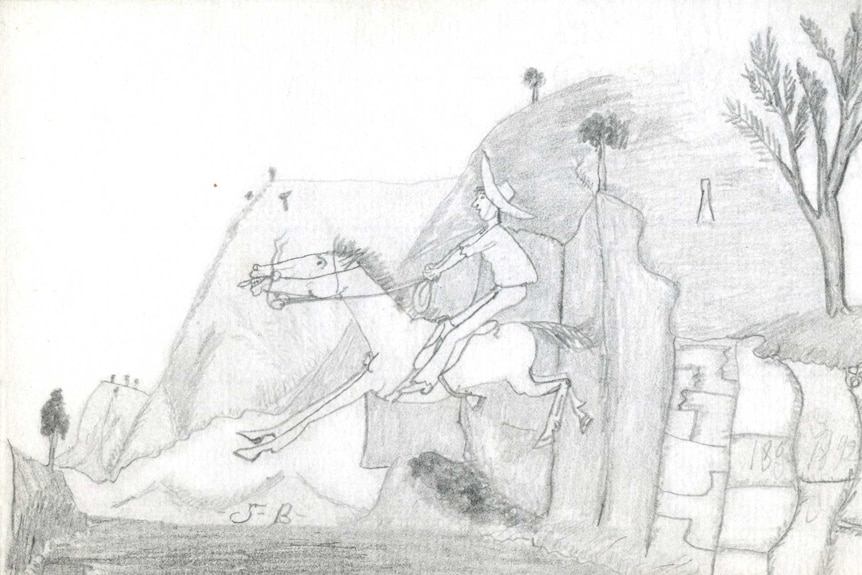 Hand-sketched drawing of a leaping hose and rider with dramatic hills in the background.