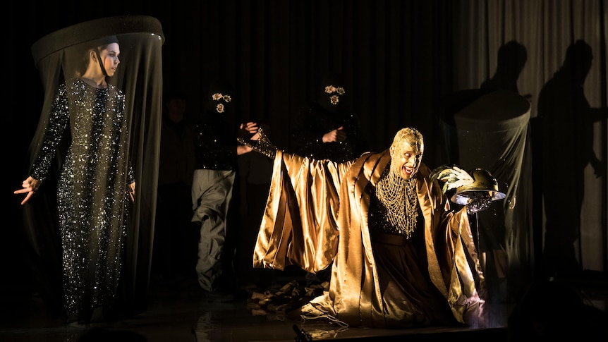 Costumed in shimmering gold, Kanen Breen creates the role of The Sorceress for Pinchgut Opera.