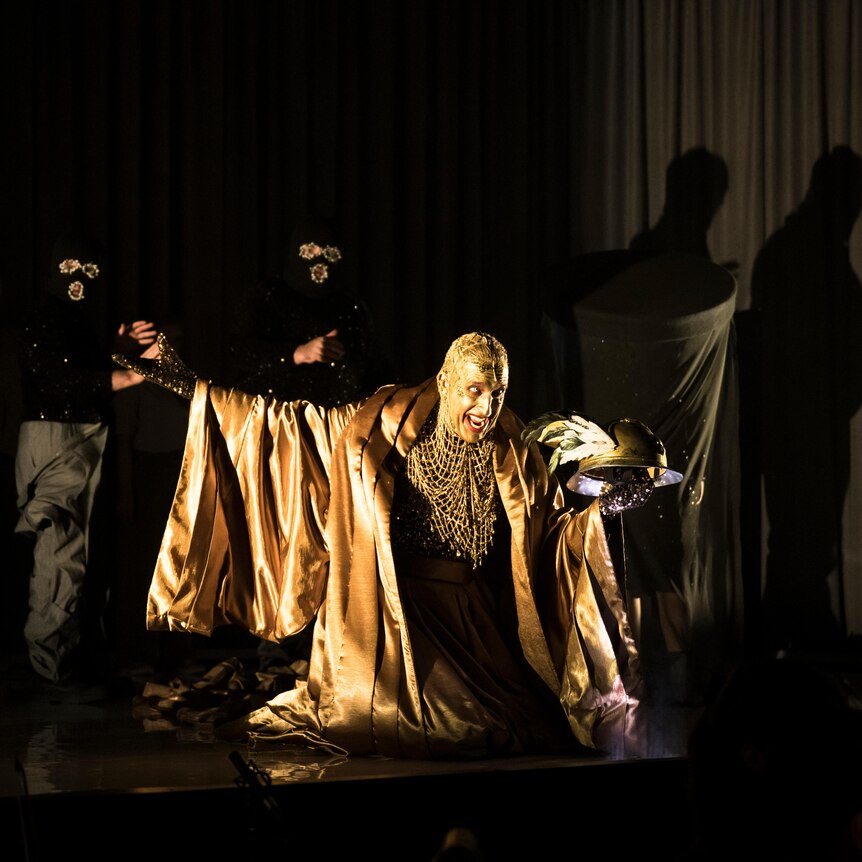 Costumed in shimmering gold, Kanen Breen creates the role of The Sorceress for Pinchgut Opera.