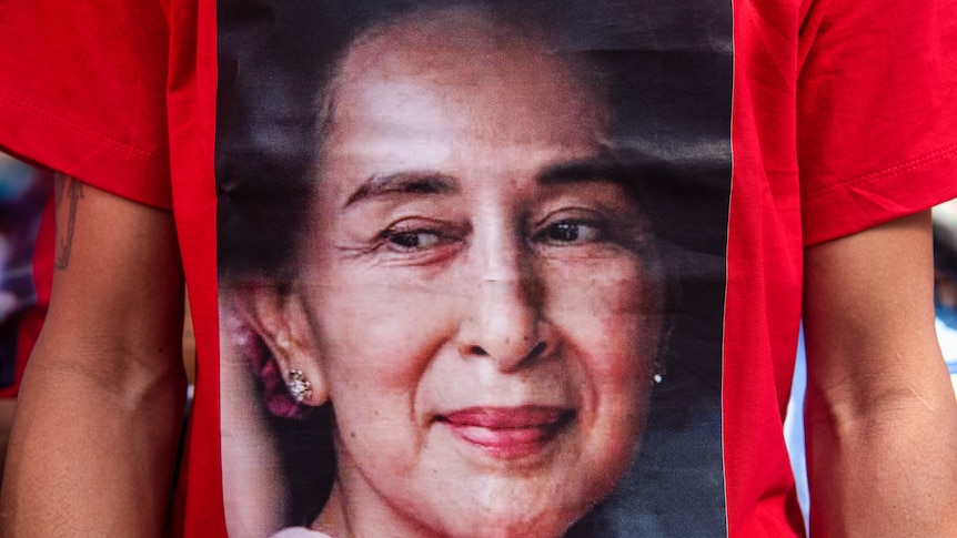 A portrait of Aung San Suu Kyi seen on a protester's shirt during a demonstration in Bangkok.
