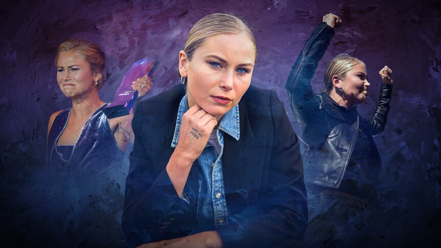 A montage of three images of blonde woman showing determined expression set among purple background
