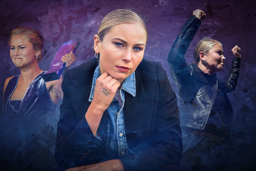 A montage of three images of blonde woman showing determined expression set among purple background