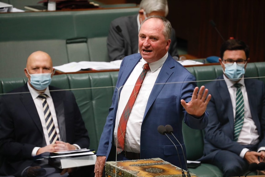 Barnaby Joyce holds a hand up to the Opposition while he speaks at the dispatch box in the Lower House.