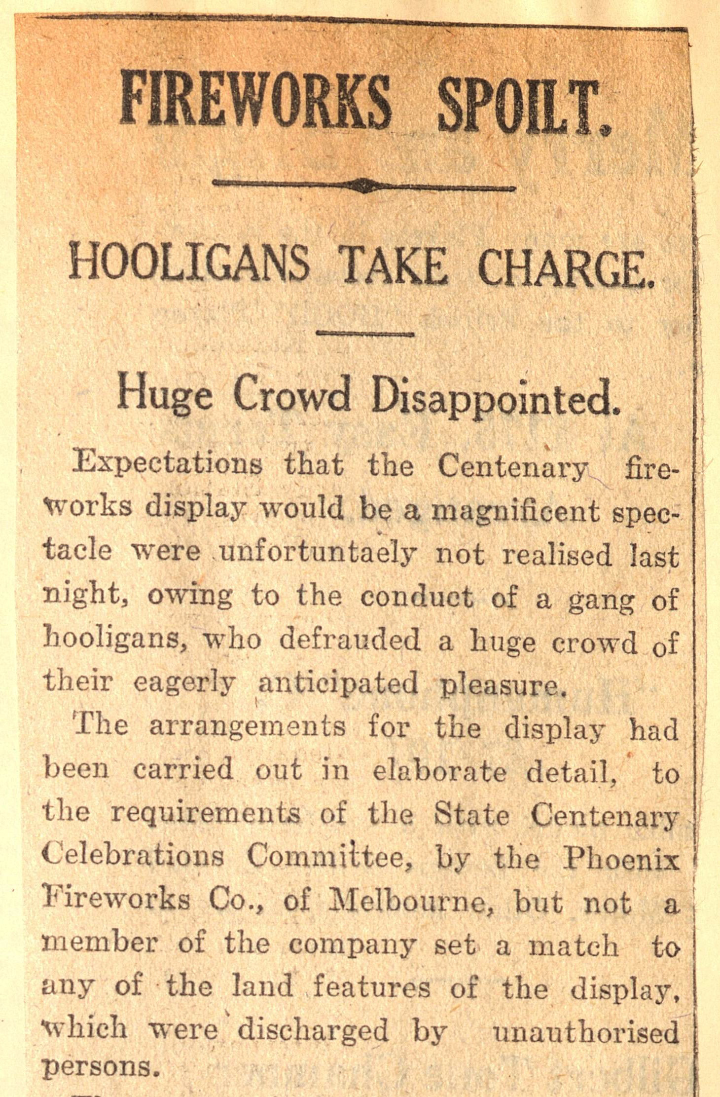 1929 newspaper article on the ruined fireworks