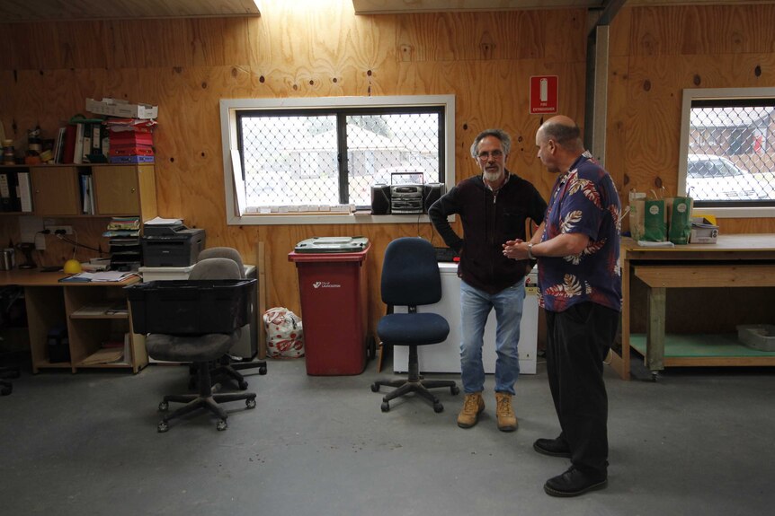 David Jones and Greg Oates in the Rocherlea men's shed