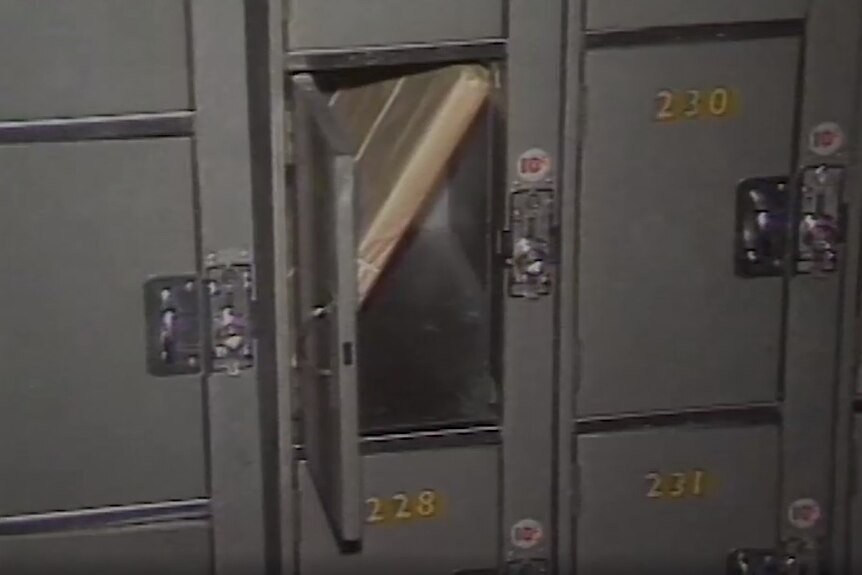 A package sits inside an open locker.