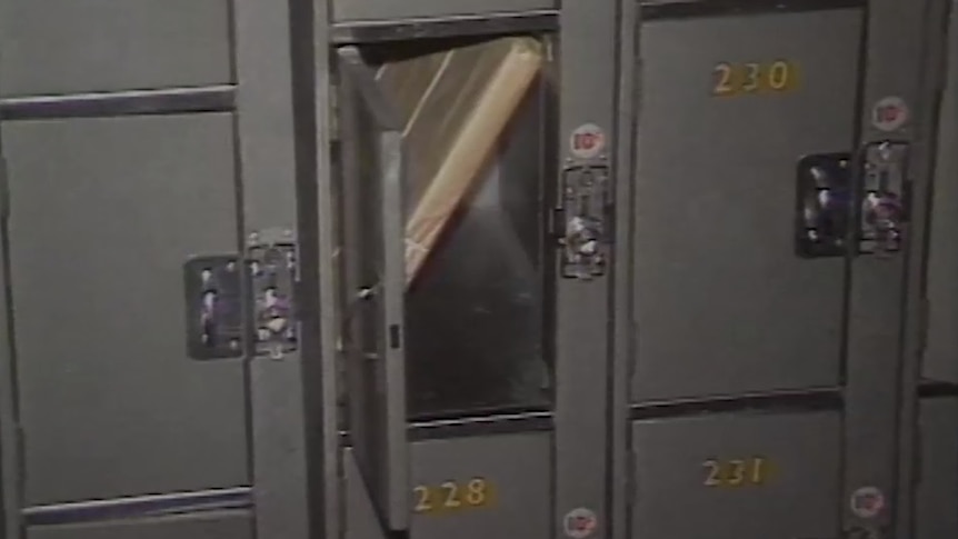 A package sits inside an open locker.