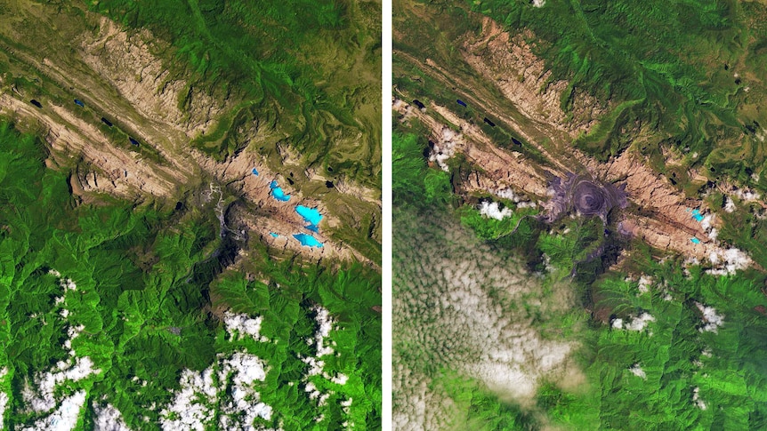 Two satellite images of mountains, one from 1988 shows substantially more ice than in one from 2017.