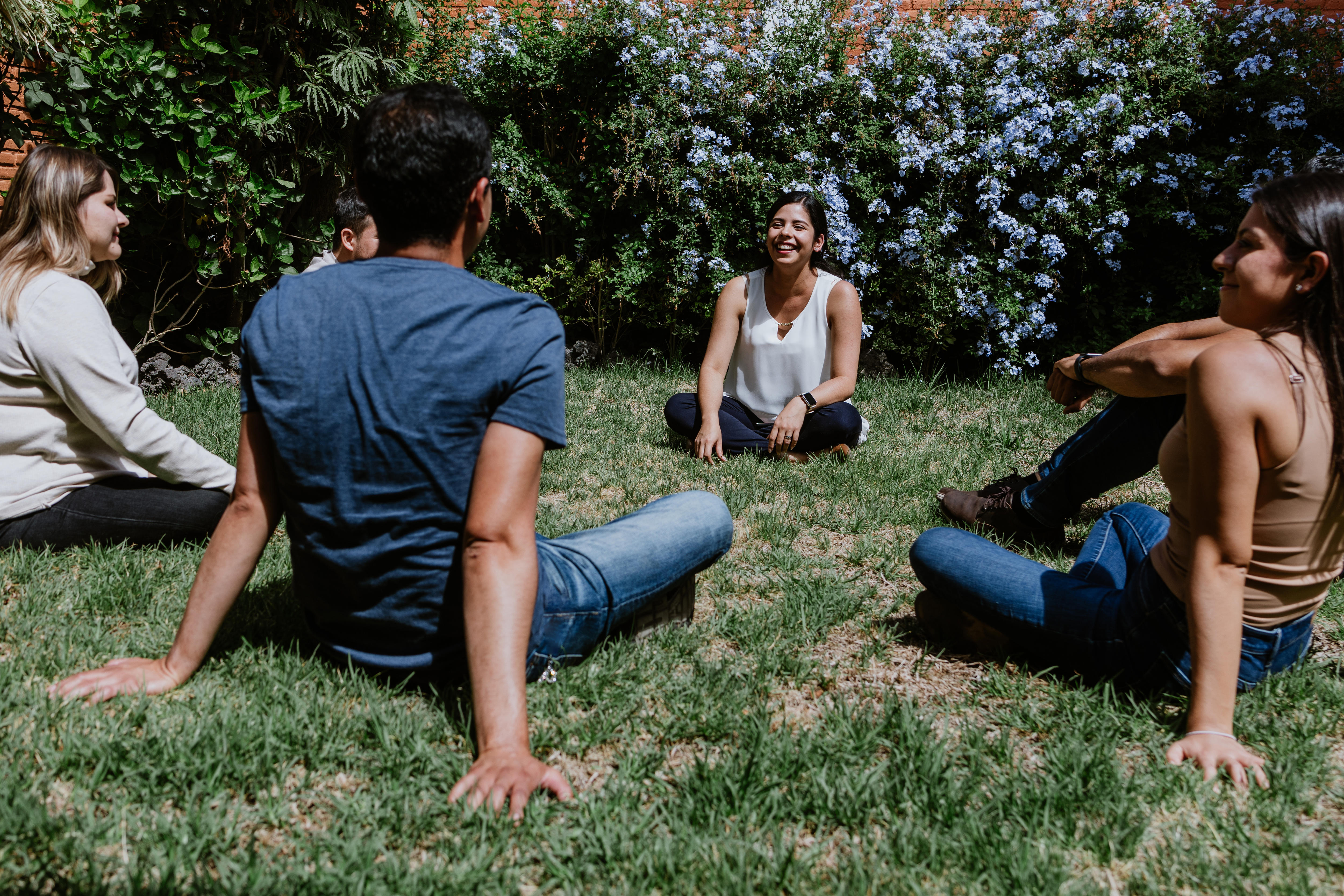 A stock image of a group of people chatting on the lawn in a circle.