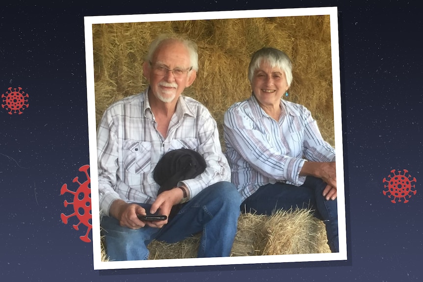 An insert of an older couple sitting on hay bales and smiling, on top of a COVID-themed background.