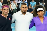 (L to R) Roger Federer, Nick Kyrgios, Naomi Osaka, Alex Zverev, Dominic Thiem and Serena Williams at Rally For Relief.