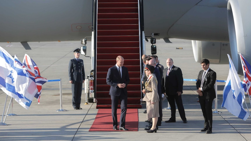 Britain's Prince William arrives on a Royal Air Force plane at the Ben Gurion airport in Tel Aviv.