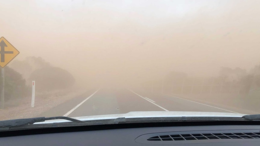 Dust storm viewed from inside a vehicle on Eyre Peninsula.
