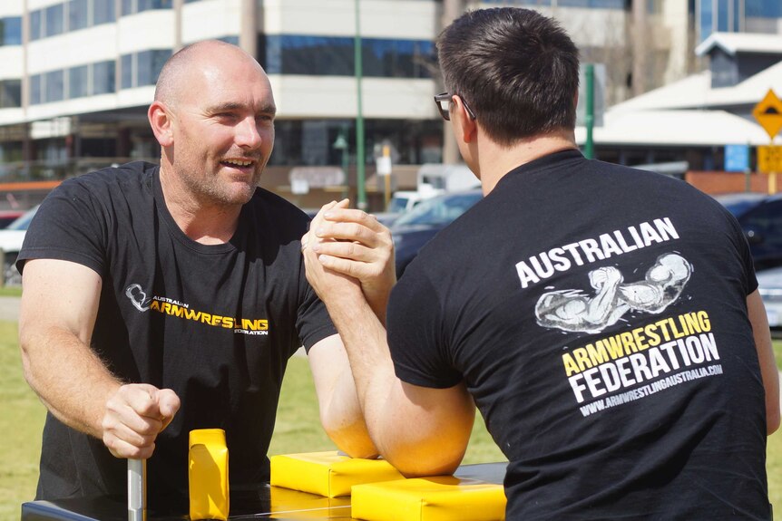 Two members of the Australian arm wrestling team...arm wrestling in Perth