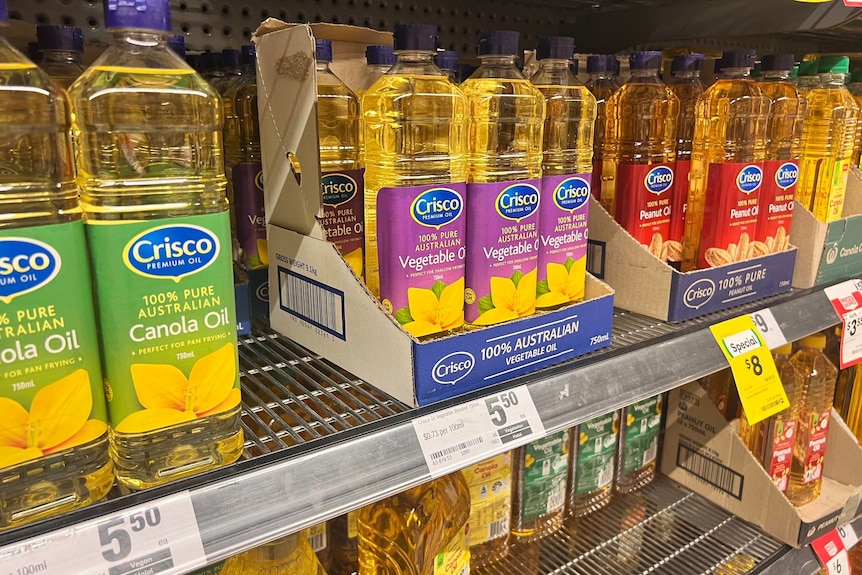 超市货架上的食用油瓶，下面有价格标签。