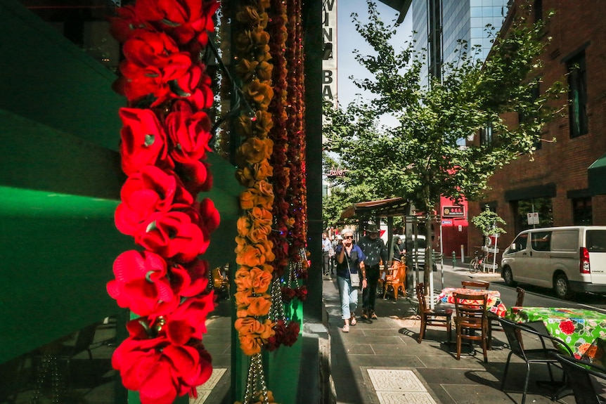 A photo of looking down a leafy section of Melbourne's Chinatown.