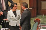 Liberal deputy Vickie Chapman talks to leader Steven Marshall in the House of Assembly.