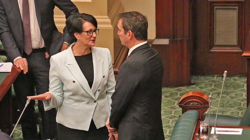 Liberal deputy Vickie Chapman talks to leader Steven Marshall in the House of Assembly.