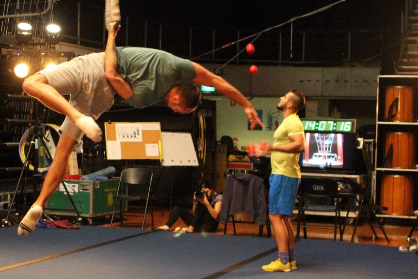Performers practice backstage at the Cirque du Soleil in Canberra.