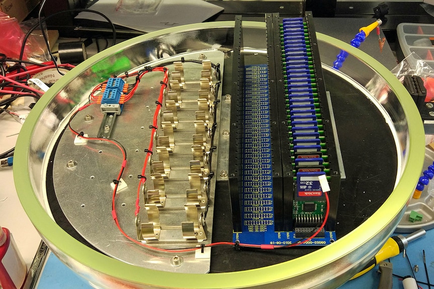 Working parts of undersea recording device used to listen to sperm whale calls.