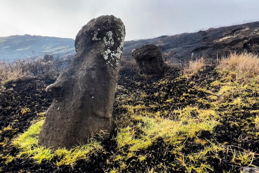 A stone statue appears among charred vegetation. 