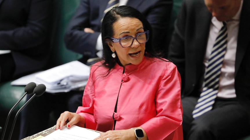 MInister Linda Burney during Question Time in a bright pink coat. 