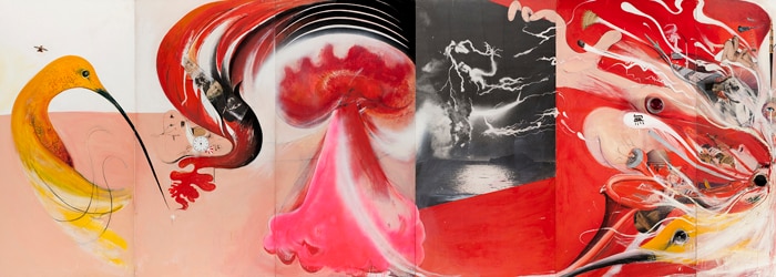 A yellow bird and a day-glo pink atomic explosion appear on some of the panels of Brett Whiteley's painting The American Dream.