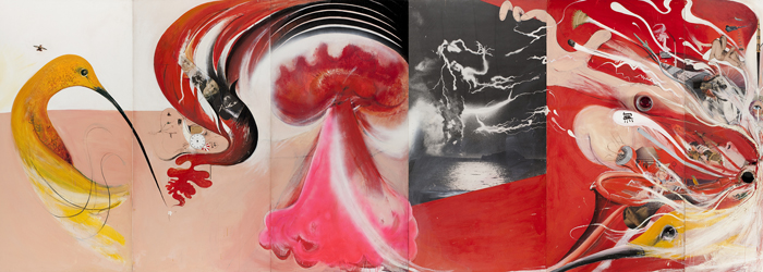 A yellow bird and a day-glo pink atomic explosion appear on some of the panels of Brett Whiteley's painting The American Dream.