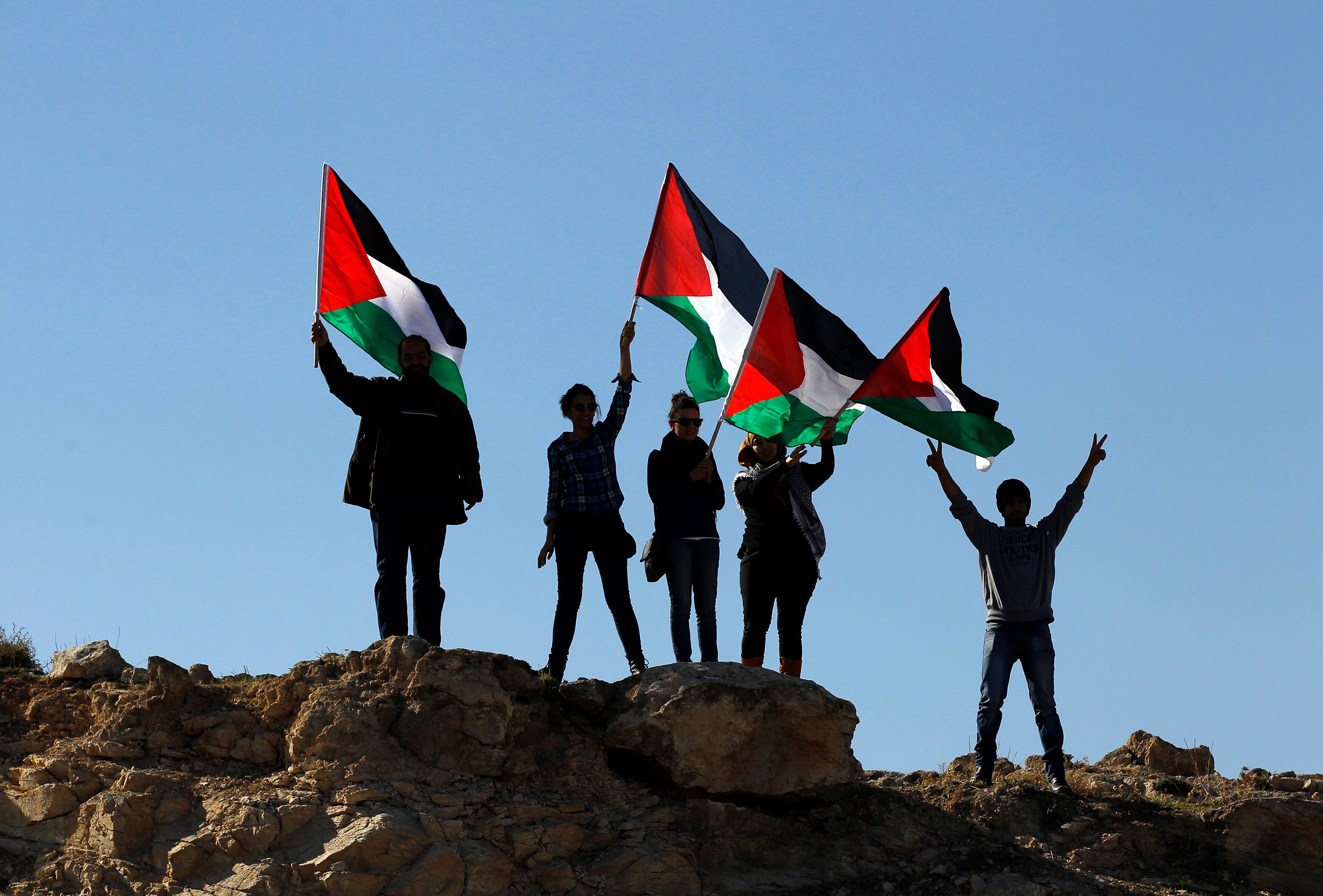 A group of people standing on top of a rocky hill holding Palestinian flags.