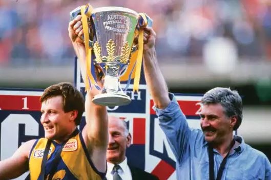West Coast's John Worsfold and Mick Malthouse hold up the 1992 premiership cup.